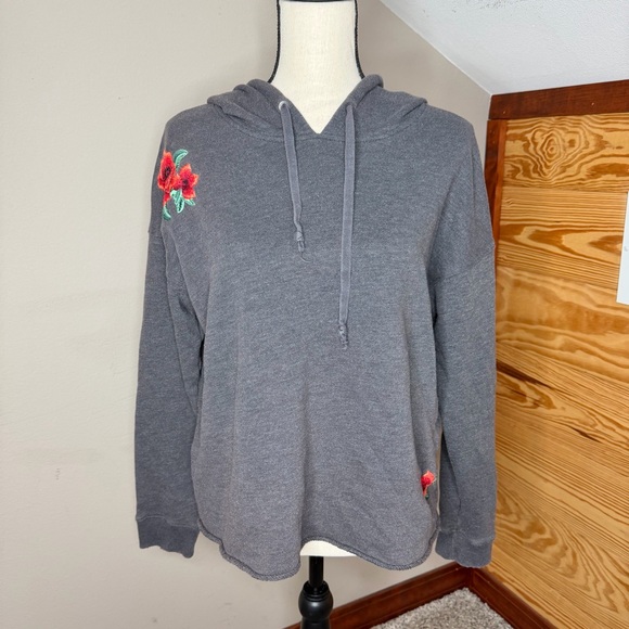 American Eagle Outfitters Tops - American Eagle Outfitters Floral Embroidered Hoodie Sweatshirt Dark Gray Large L